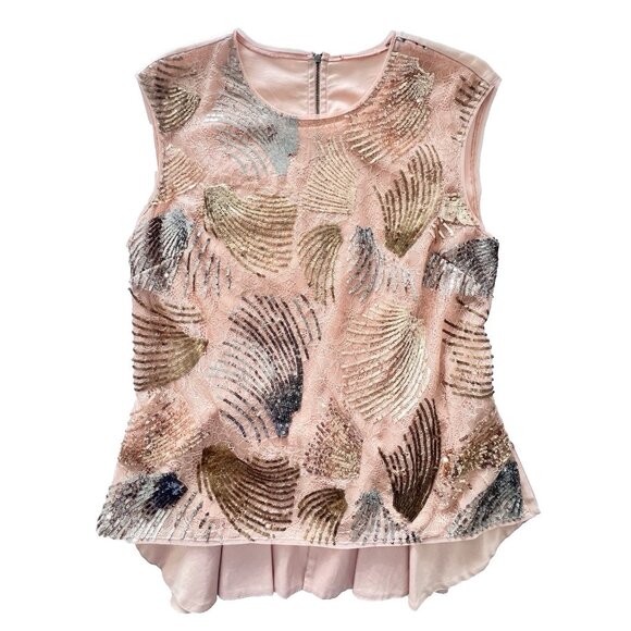 BCBGMAXAZRIA Size L Savannah Long-Back Sequined Top Blush Dark Bare Pink - Picture 5 of 16